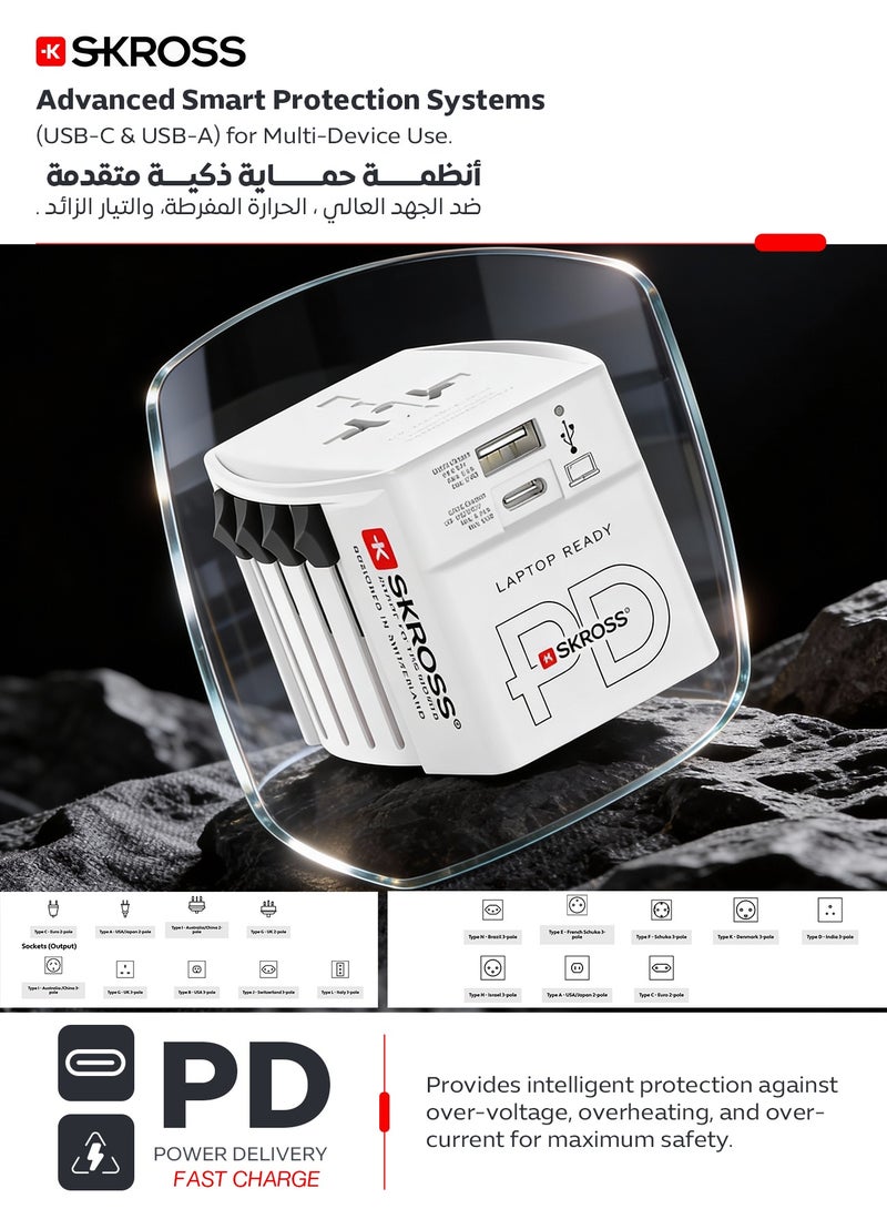 سكروس فيش سفر مع كيبل شحن تايب سي. فيش كهرباء بقوة 65 واط وبمنفذين شحن(شاحن تايب سي& يو اس بي). محول كهرباء يدعم الشحن السريع PD. شاحن لابتوب يدعم الاجهزة التي تدعم منفذ التايب سي. محول سفر متعدد الاستخدامات وباعلاء انظمة الحماية ضد الجهد العالي. فيش جداري عالمي متوافق مع جميع مقابس دول العالم. - Image 4